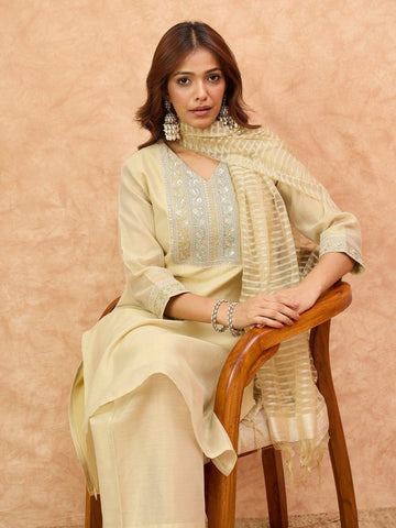 varanga Women Shimmer Fabric Kurta Set Featuring An Zari Embroidered Yoke , Paired With Tonal Bottom With Sparkling Lurex Dupatta.
